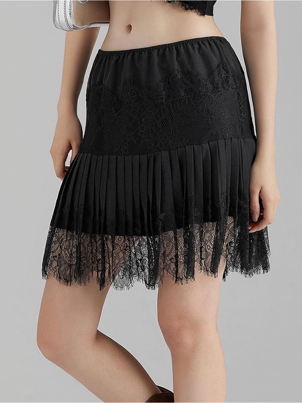 (2 Items) Black and White Lace Pleated Mini Skirt with Sheer Hem